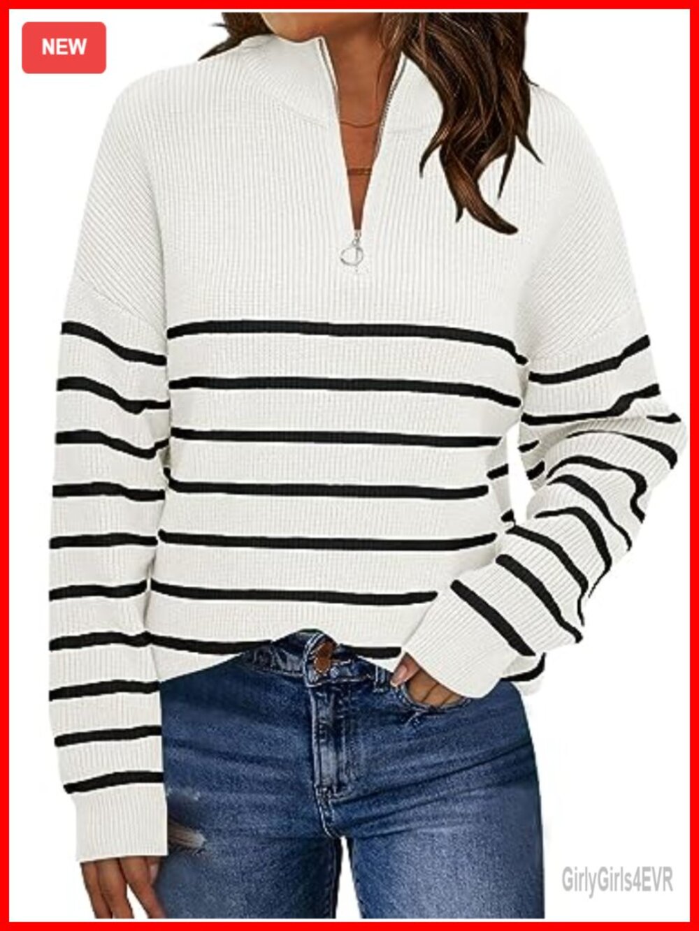 Oversized Quarter Zip Ribbed Knit Striped Pullover Sweater Womens